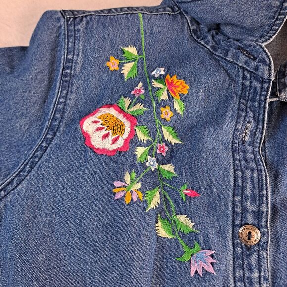 Vintage 90’s Denim Dress Bea Classics Womens M Cottagecore Floral Embroidered - Picture 4 of 9